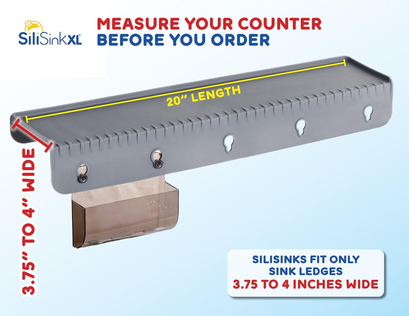SiliProducts SiliSink XL Silicone Edge Guard for Kitchen Sink - Fits 3.75” - 4” Wide - The Original Silicone Sink Edge Protector with Sponge Caddy - Splash Guard, 20” Gray 4in x 20in