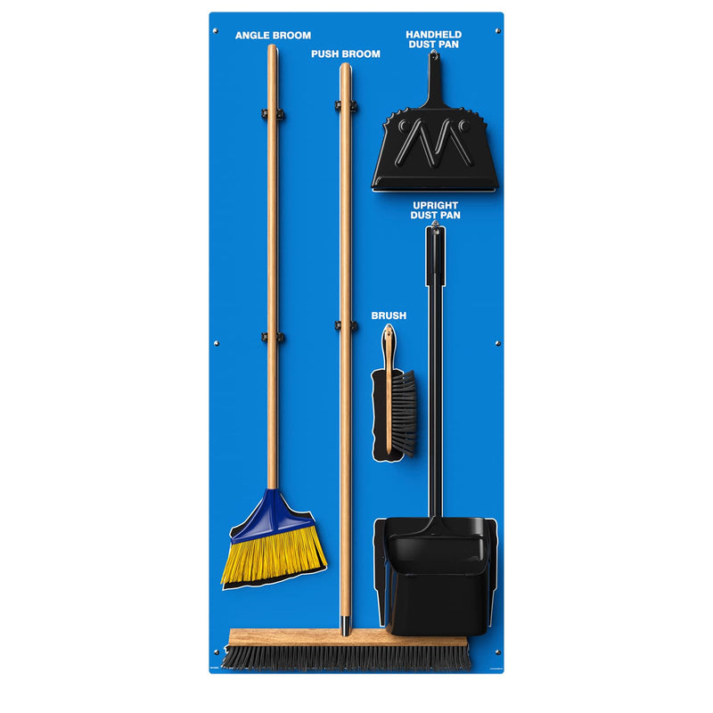 Clean & Sweep 5S Shadow Board/Wall Mount Broom Holder, 68" x 30" Board, 5S Cleaning Station - with Broom and Dustpan Set Included, Made in The USA by AccuformNMC, Blue/Black, PSB716BUBK Ultra Aluma-Lite