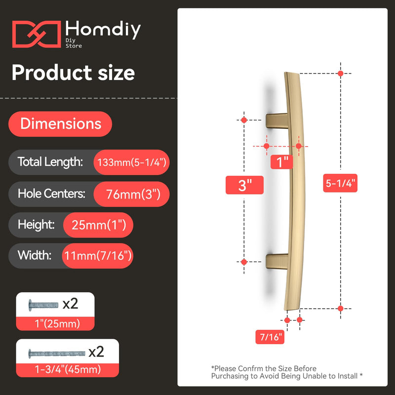 homdiy 5 Pack 3" Solid Heavy-Duty Zinc Alloy Cabinet Handles, Champagne Bronze Cabinet Pulls, Arch Drawer Pulls Modern Hardware for Kitchen Bathroom Cupboard 3 Inch Hole Center