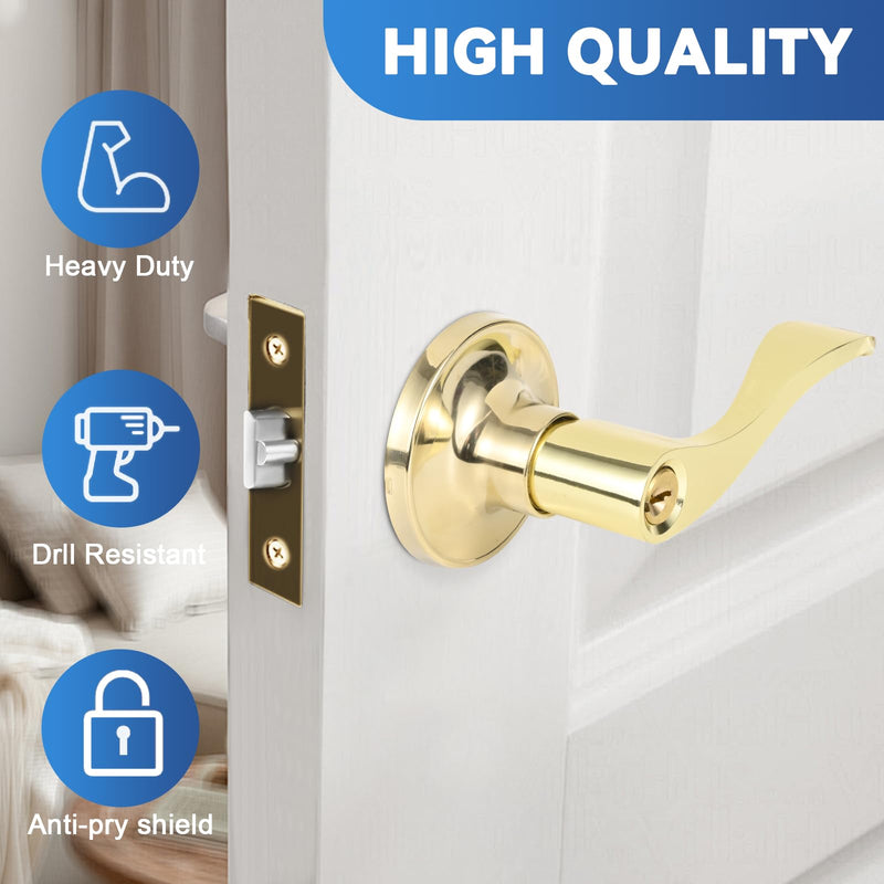 High-Security Stainless Steel Round Ball Door Handle with Lock & Key,Door Lever for Front Door, Bedroom, and Interior(Gold) Gold-Round-lever