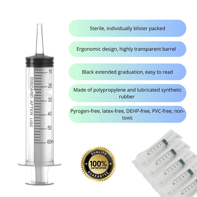 Pack of 2 syringes 60 ml/cc with tubes and blunt needles, reusable, individually packed, sterile, measuring liquids, plant irrigation, animal feeding, scientific laboratories, industry 2x 60ml + 2x cannula + 2x tube
