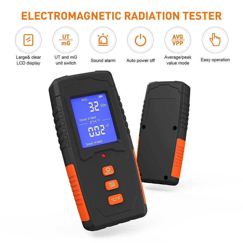 EMF Meter Rechargeable Electromagnetic Field Radiation Detector Handheld Digital LCD EMF Reader Temperature Measurement Tester for Home Inspections Outdoor Ghost Hunting