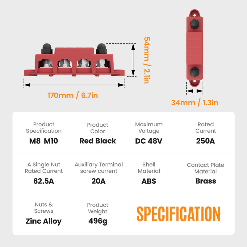Power Distribution Block Bus Bar Marine 250A Bus Bar Terminal Block 12V Power Distribution Terminal Block with 4PCS 3/8” M10 Battery Lugs Post Automotive Marine Buss Battery Bus Bar(250A 4 x 3/8" M10) 250A 4 x 3/8" (M10)