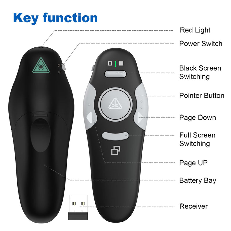 QUI 2 Pack Presentation Clicker, Wireless Presenter Remote Clicker for PowerPoint, Slide Advancer for Mac, Windows, Google Slide, Keynote (USB, Black Blue) USB