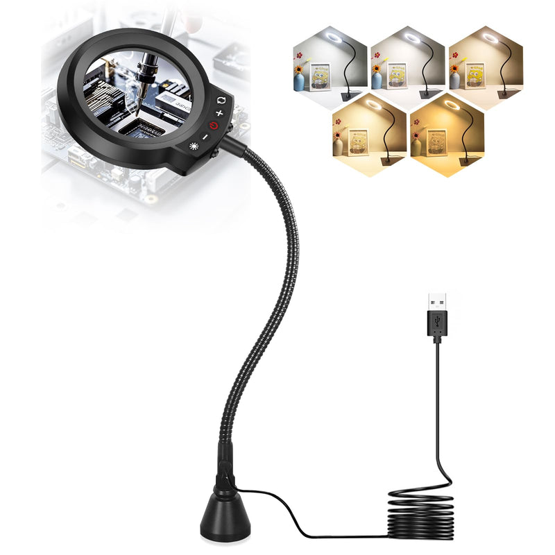 Helping Hands NEWACALOX Magnetic Magnifying Lamp, 5 Color Modes, 5X Magnifying Glass, Flexible Gooseneck, Soldering Helping Hands Base Station Black