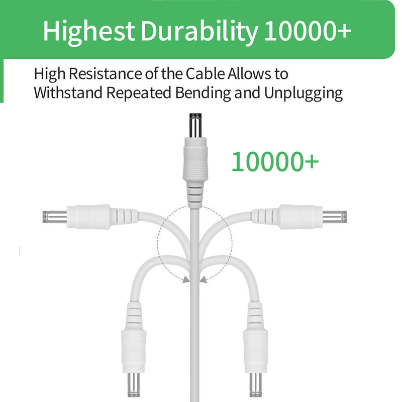 2-Pack 2 m DC Power Extension Cable, Connector 5.5 mm x 2.1 mm, Supports DC 5V 6V 9V 12V 24V, for Security Cameras, DVR, Router, Printer, LED Strip, White