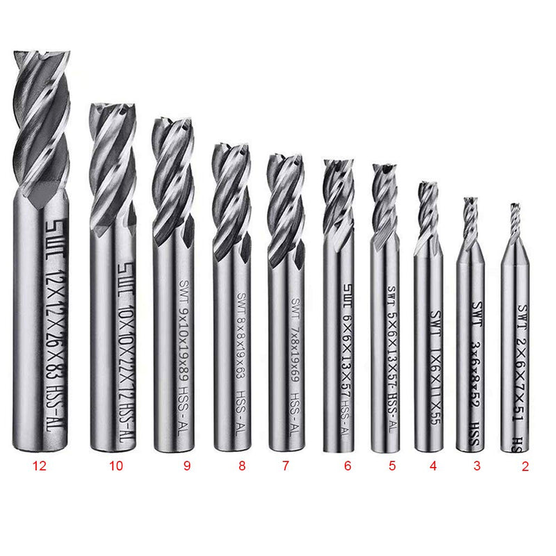 ASNOMY 10pcs HSS End Mill CNC Lathe Straight Shank 2-12mm, 4 Flute Spiral Cutter Cutting End Mill Set Drill End Mill Cutter Bit 2/3/4/5/6/7/8/9/10/12mm 10pcs-2/3/4 /5/6/7/8/9/10/12mm