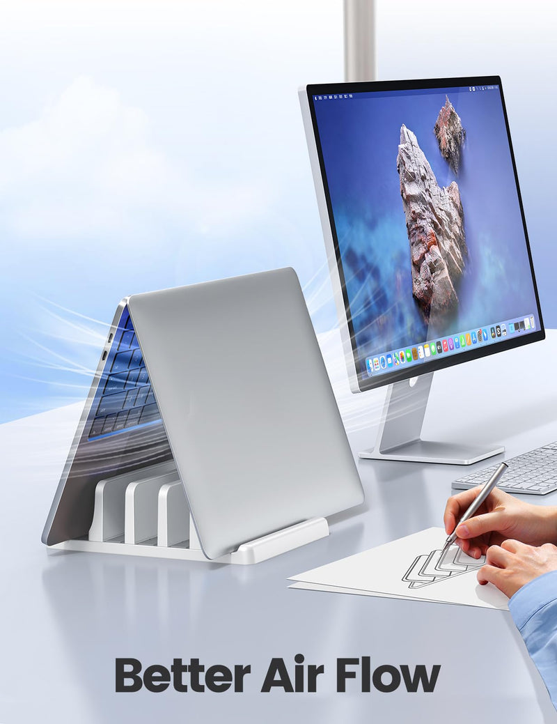 Vaydeer 3-Slot Vertical Laptop Stand Made of Premium ABS Plastics 5 in 1 Design Space-Saving Adjustable Desk Organizer for All MacBook/Chromebook/Surface (White) White