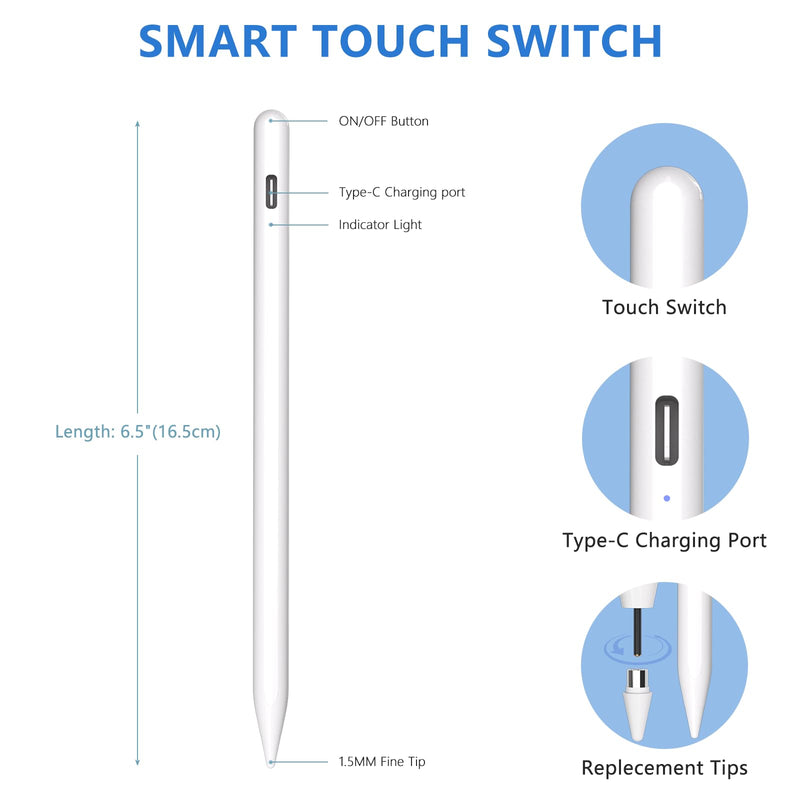 Stylus Pen for iOS&Android Touch Screens, Active Pencil for Samsung, Smart Digital Stylus Pens for Lenovo/Vivo/Mi/HUAWEI and Other Tablets, iPhone/Samsung/Google Pixel Smart Phones for Drawing&Writing White