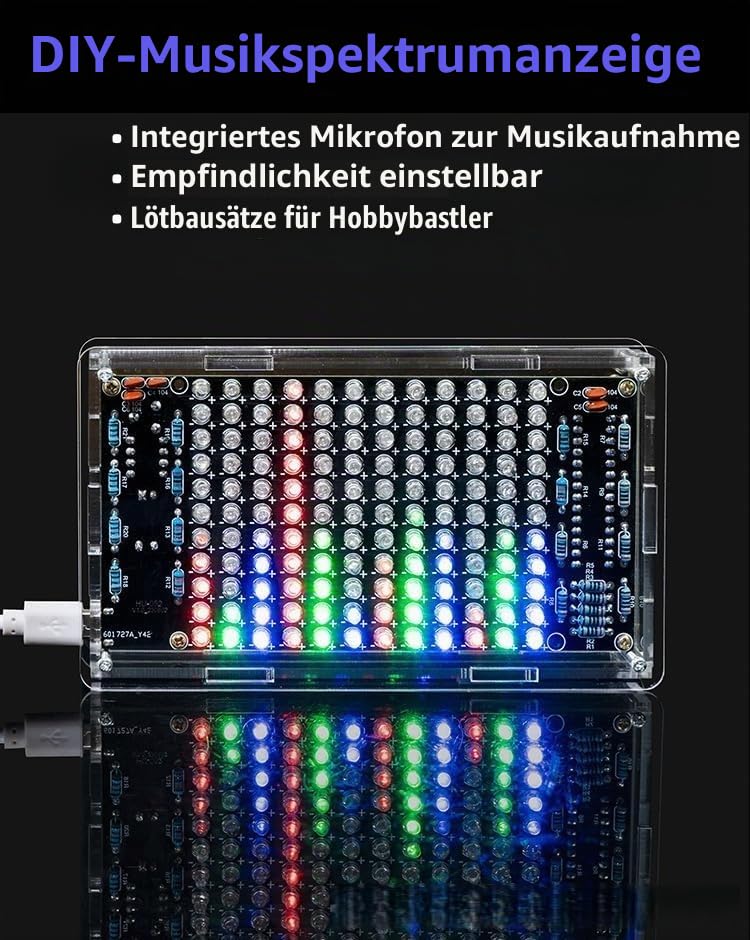 Audio Visualizer Electronic Kit DIY Kit, LED Light Musical Spectrum Electronic Kit, Soldering Kit with Components, Circuit Board, Housing, Audio Level Display for Electronic Enthusiasts, USB Powered