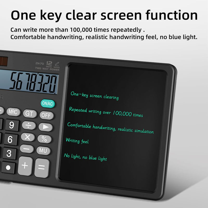 Scientific Calculator with Pull - Out Stylus, 12 - Digit Wide Screen & 100,000+ Reusable Writing Pad, One - Click Clear/Lock, Solar & Battery Dual Power, Portable for School Office Business (Black) Black