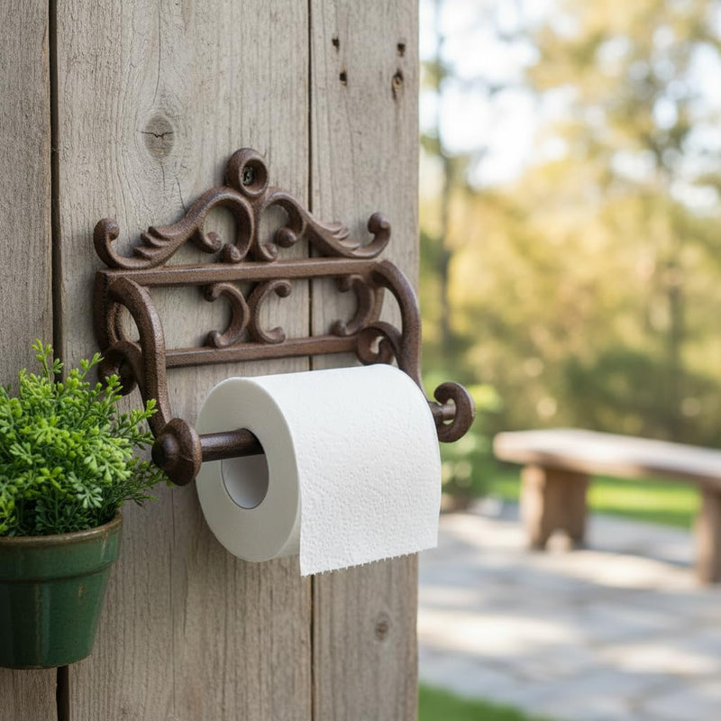Comfy Hour French Scroll Decorative Cast Iron Toilet Paper Holder, Victorian Style Wall Mounted Paper Roll Organizer, Rustic Farmhouse Home Hardware, Antique Finished Metal, Brown, 1 Piece