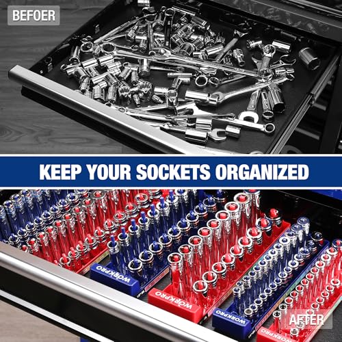 WORKPRO Socket Organizer Set, 8PC 1/4" 3/8" 1/2" Drive Socket Holder 8 Pieces-1/4", 3/8", & 1/2" DR, SAE & Metric
