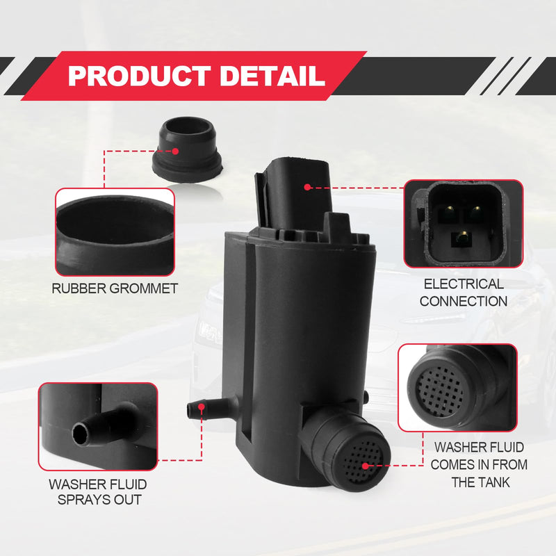 Windshield Washer Pump, Compatible with Hyundai, Kia, Replaces OEM: 98510-1C100, 98510-26100, 98510-1W000, 98510-2K000, Washer Fluid Pump with Grommet Replaces: 98510-1C100