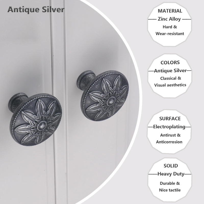 10 Pack Antique Silver Cabinet Knobs,1.4" Round Solid Antique Kitchen Cabinet Hardware Handles for Cabinets and Drawers, Silver Drawer Pulls Dresser Knobs 10