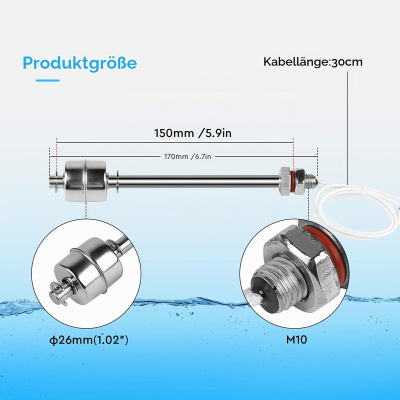 EXLECO Stainless Steel Float Switch 150 mm M10 Vertical 230 V | Water Level Sensor, Liquid Level Regulator for Water Pump, Pool & Pond