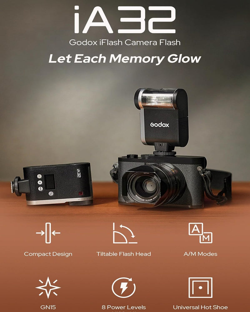 GODOX iA32 Mini Flash Speedlite Hot Shoe Flashes for Fuji, for Canon, for Nikon, for Sony, for Olympus Camera