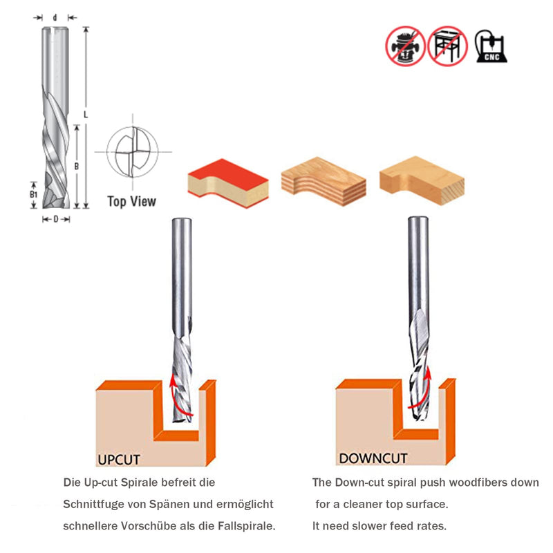 Sinoprotools spiral groove cutter 8 mm shank/solid carbide CNC spiral cutter/32 mm cutting length end mill/CNC cutter router/compression cutter double-edged for wood (2+2 flutes) 8x32x75mm
