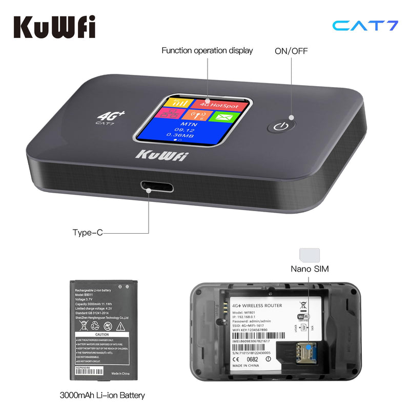 KuWFi 4G+ CAT7 Unlocked 4G LTE Mobile WiFi Hotspot, 300Mbps High-Speed Travel Router with SIM Card Slot for RV/Camping/Trips, Works with T-Mobile AT&T