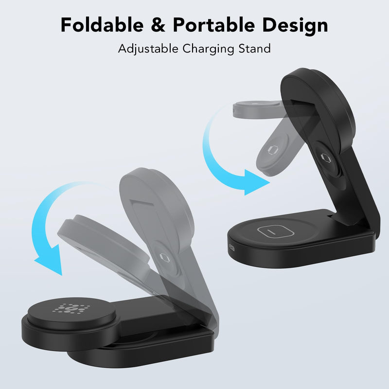 3 in 1 Wireless Charging Station Compatible with Apple Devices,Foldable Magnetic Wireless Charger for iPhone 15/14/13/12,Apple Watch Ultra 2/Ultra/Seires 9/8/7/6/5/4/SE/SE 2,Air-Pods 3/Pro/2(Black) Black