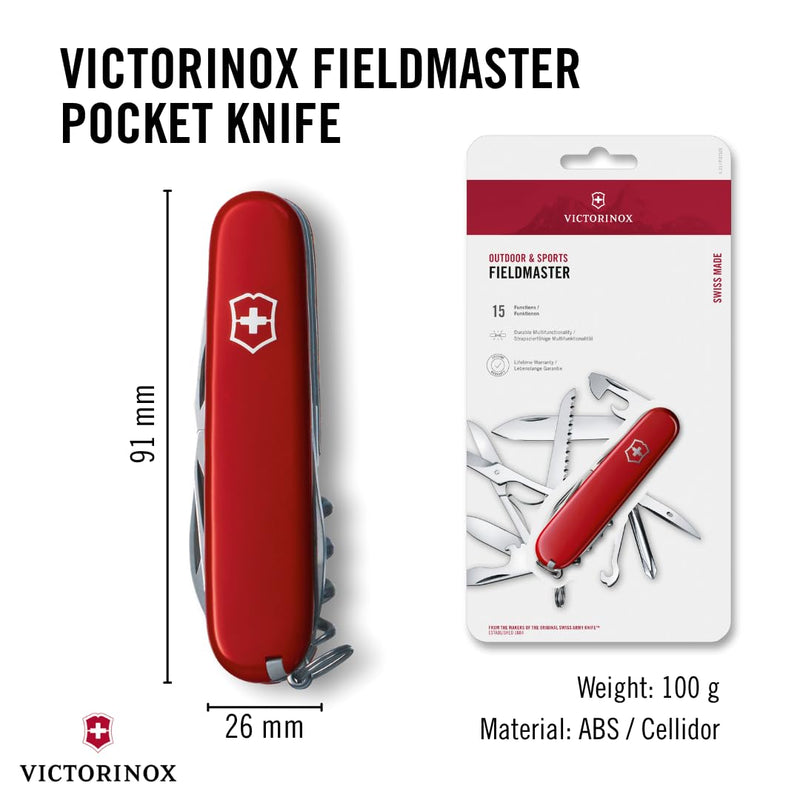 Victorinox Fieldmaster Swiss Army, 15 Function Pocket Knife, Red | Ideal for field work, camping trips and days in the garden alike