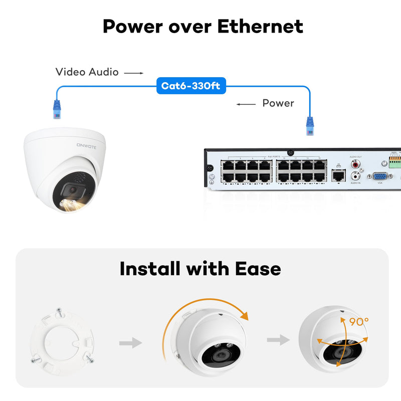 ONWOTE 2 Way Audio 4K 8MP PoE IP Camera, AI Human Vehicle Detection Activate Bright Spotlight, 125° Wide File of View, Indoor/Outdoor, Commercial Wired Camera for Business, Add-on to PoE NVR System