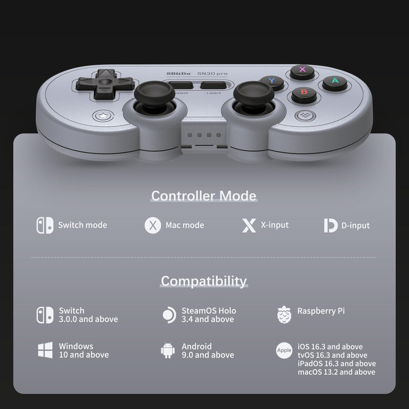 AKNES 8Bitdo SN30 Pro Bluetooth Controller, Hall Effect Joystick Update, Gaming Controller Compatible with Apple, Switch, Windows, Steam Deck, Android and Raspberry Pi - Gray Edition Grey Edition