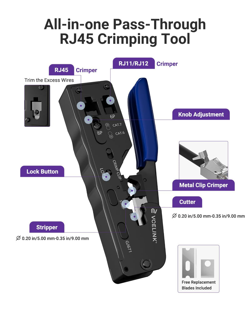 VCELINK RJ45 Crimp Tool, All-In-One Ethernet Pass Through Crimper for CAT7 CAT6A CAT6 CAT5e CAT5 Ethernet Connectors by Screw Adjustment (Kit-with Punch down Tool) Kit with Punch Down Tool