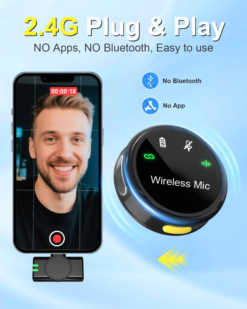 J7 Wireless Lavalier Microphone for iPhone, iPad and Android(Lightning/USB C), Mini Microphones 30 H Battery Life, 2 Pack Round Mini Mics for Video Recording YouTube TikTok Content Creator Black Mic for USB C + Charging Case