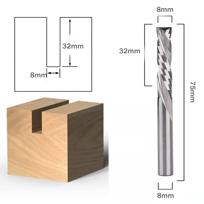 Sinoprotools spiral groove cutter 8 mm shank/solid carbide CNC spiral cutter/32 mm cutting length end mill/CNC cutter router/compression cutter double-edged for wood (2+2 flutes) 8x32x75mm