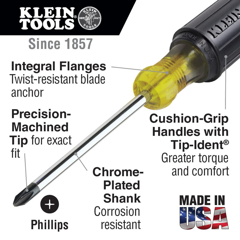 Klein Tools 85105 Screwdriver Set, Made in USA, Slotted and Phillips Screwdrivers with Cushion-Grip Handles and Tip-Ident, 4-Piece