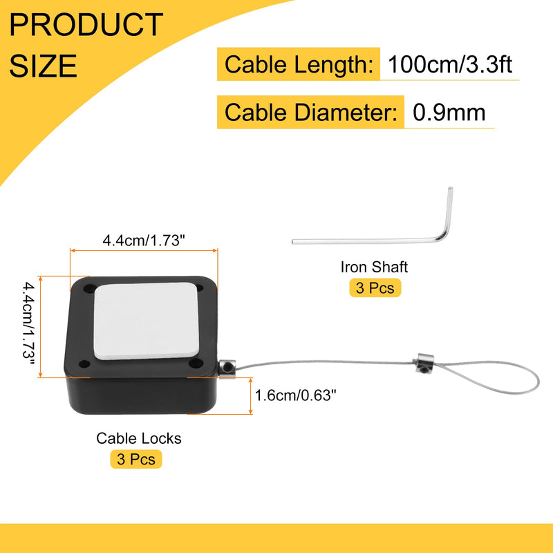 MECCANIXITY 3.3 ft Retractable Cable Lock with Latch Remote Control Security Lock with Adjustable Cord Tether Anti Theft for Laptop, TV, 600g, Black, 3 Pack 3.3ft