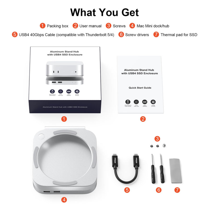 Qwiizlab 40Gbps Mac mini M4/M4 Pro Stand Hub with USB4 NVMe SSD Enclosure, USB-C Host, 3 USB-A 2.0, 3.5mm Audio, Supports M.2 PCIe up to 8TB, Compatible with Thunderbolt 4/5