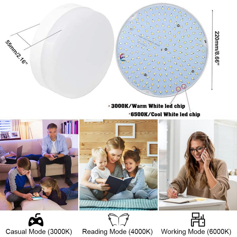 DLLT 24W Dimmable LED Flush Mount Light Fixture With Remote, 8.66 Inch Modern Flat Lamp, Close to Ceiling for Bedroom/Kitchen/Bathroom/Hallway, Timing, 3 Light Color Changeable