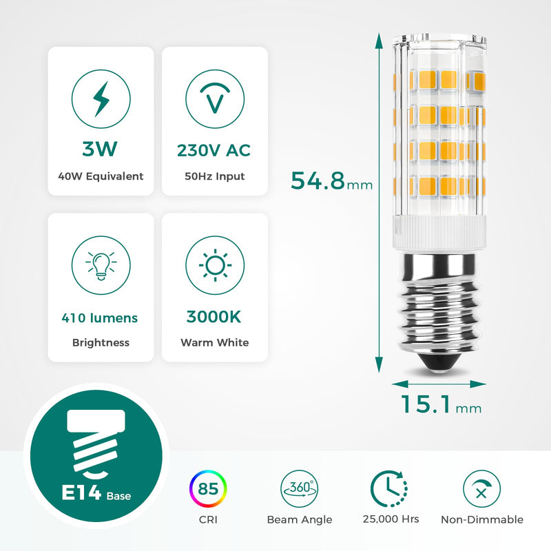DiCuno E14 LED Warm White 3000K, 3W Replaces 40W Cooker Hood Lamp, Pack of 2 | E14 LED Bulb 410 lm, CRI 85, 360° Beam Angle, Non-Dimmable, for Cooker Hood, Refrigerator, Wall Lamps 2 pieces (Pack of 1) Warm White 3,000 K