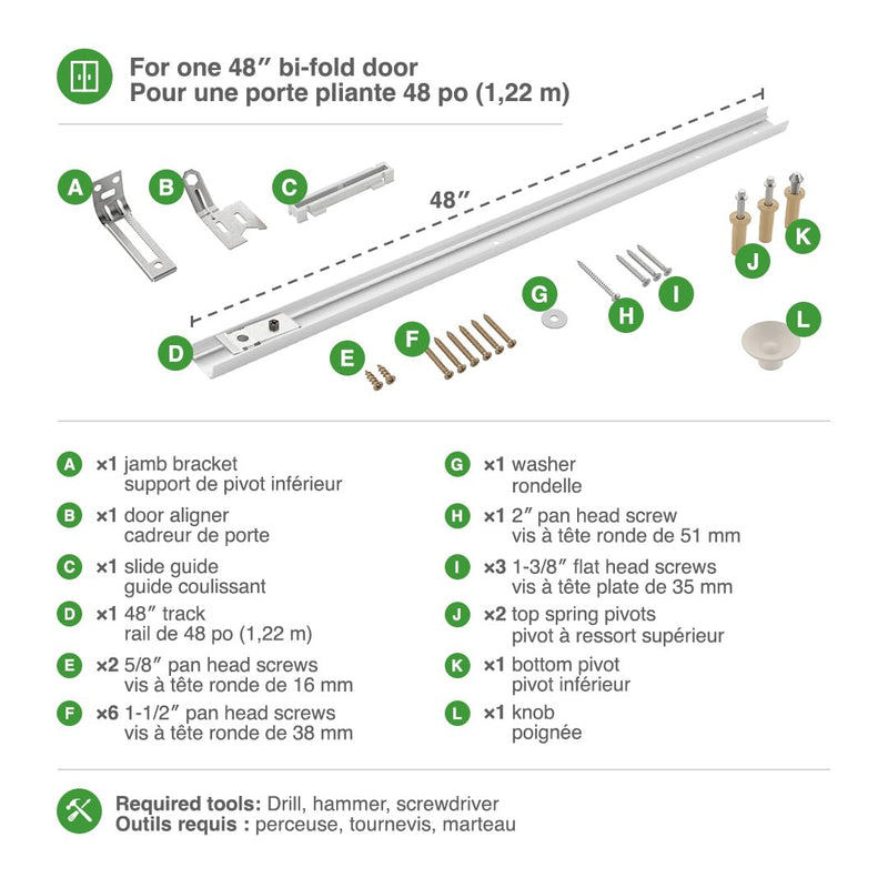 Richelieu Hardware 14015WBC Onward Bi-Fold Door Hardware Kit 48 in (1210 mm), Track White 48-in 1 Door