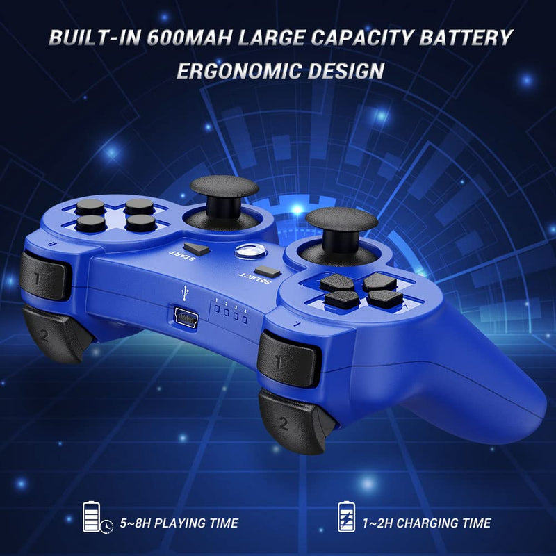 OKHAHA Controller 2 Pack for PS3 Wireless Controller for Sony Playstation 3, Double Shock 3, Bluetooth, Rechargeable, Motion Sensor, Remote for PS3 (No Stripes(Black + Blue)) No Stripes(Black + Blue)