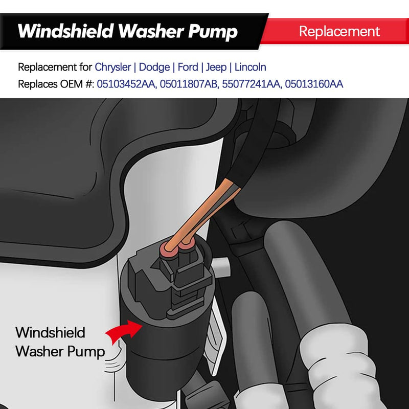 Windshield Washer Pump w/Grommet Replacement for Chrysler Dodge Ford Jeep Lincoln Replaces OEM 05103452AA, 05011807AB, 55077241AA, 05013160AA
