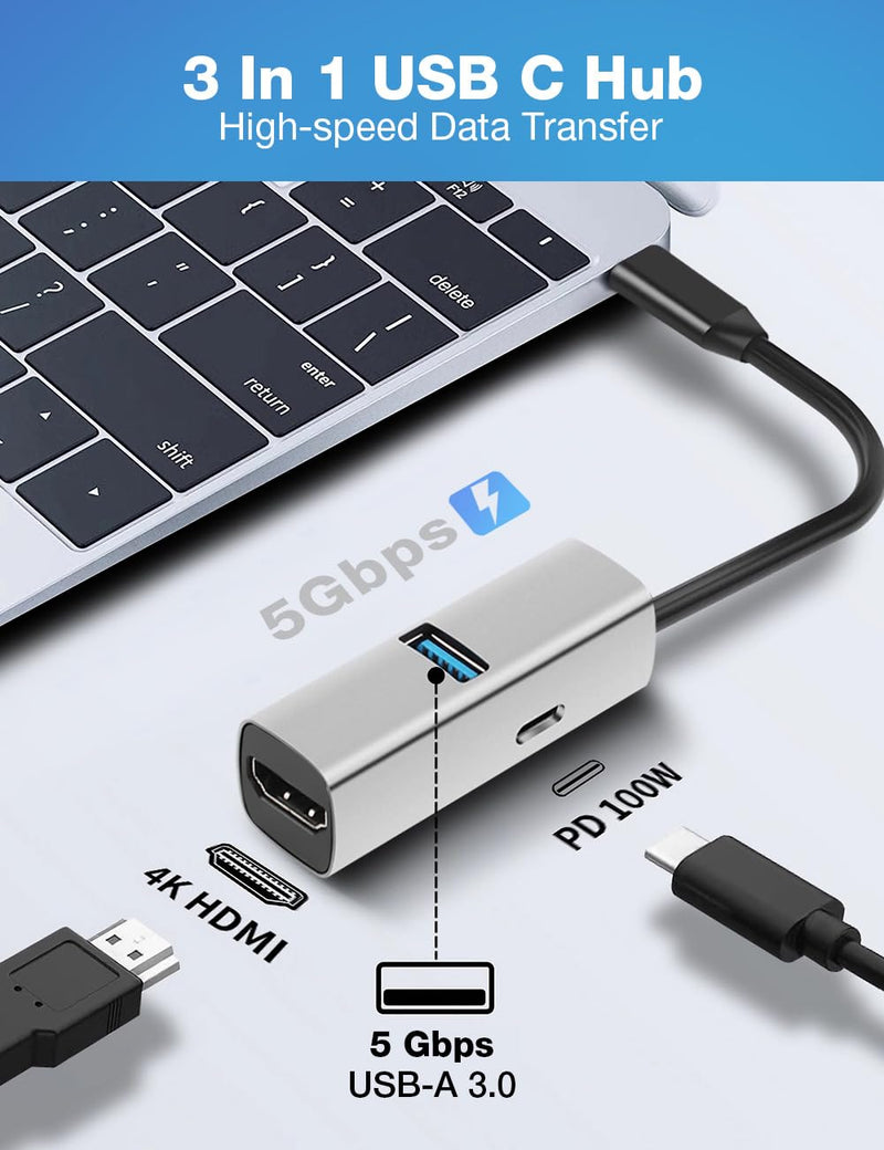 USB C Hub, 3 in 1 USB C to USB Hub with 1 HDTV, 1 USB 3.0, 1 PD 100W for MacBook Pro/Air, iPad Pro, Chromebook, XPS and More (Grey with HDTV) Grey 3 port with HDTV