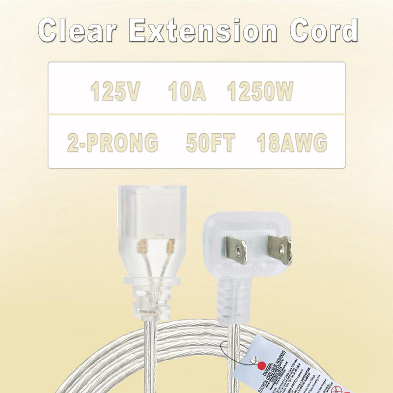 50FT Extension Cord, Clear,Thin,Flat Plug Extension Cord Indoor/Outdoor, 2 Prong, ETL-Certified, for Christmas Lights,Holiday String Lights,Christmas Decorations 50FT 1 pack