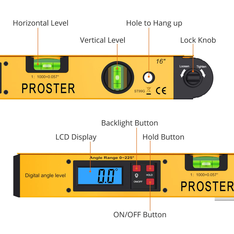 Proster Digital Angle Finder Gauge - Aluminum Angle Finder 16 inch 400mm with LCD Vertical Horizontal Spirit Level and Magnetic Base for Woodworker Yellow