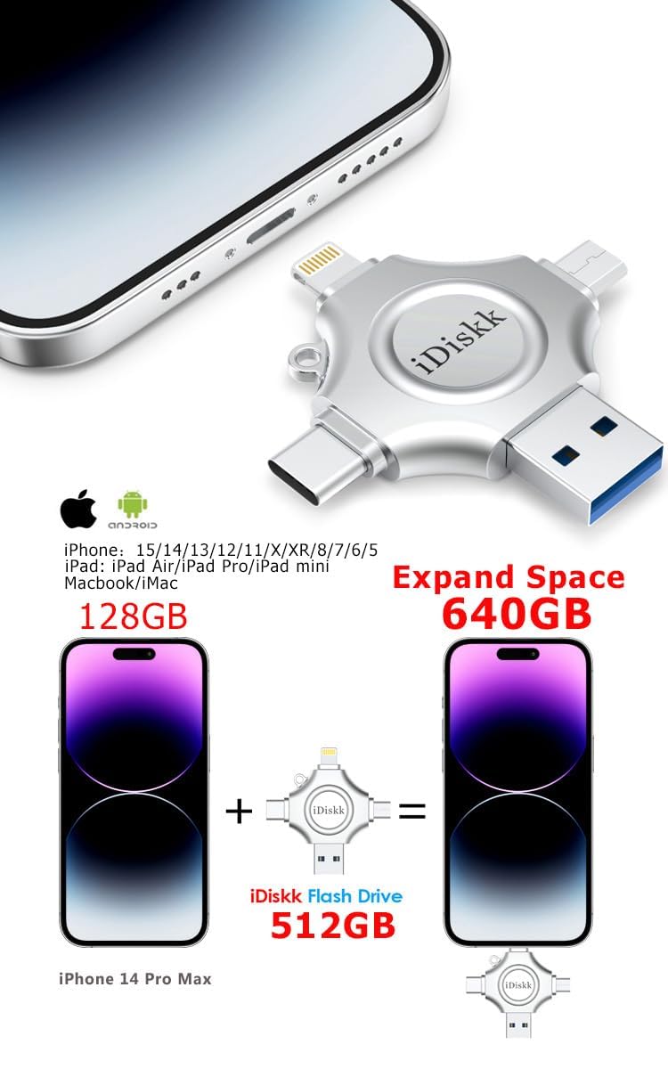 iDiskk App-le MFI Certified 512GB,Flash Drive for iPhone Photo Stick,for iPhone 17/16/15,Flash Drive for Photos and Videos,iPhone USB Storage,Photo Stick, for iPad Android Samsung (4 in 1)