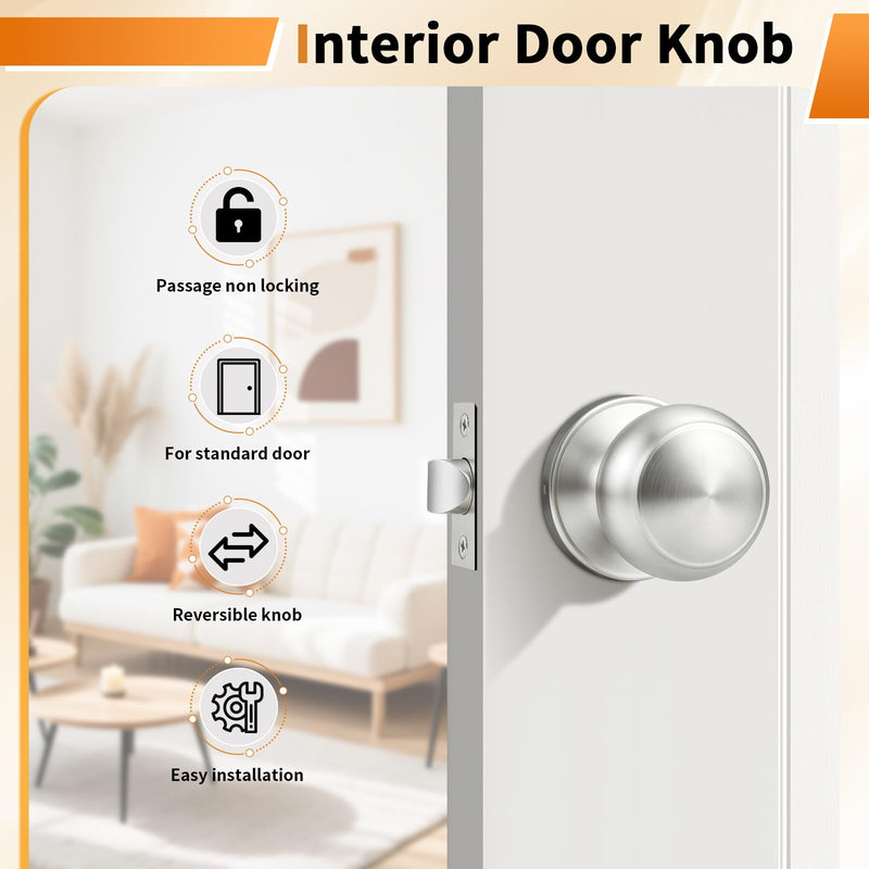 Probrico Door Knob Brushed Nickel Finish, 2 Pack Interior Door Handles with Round Rosette, Classic Colonial Knob Passage Function for Closet Hallway