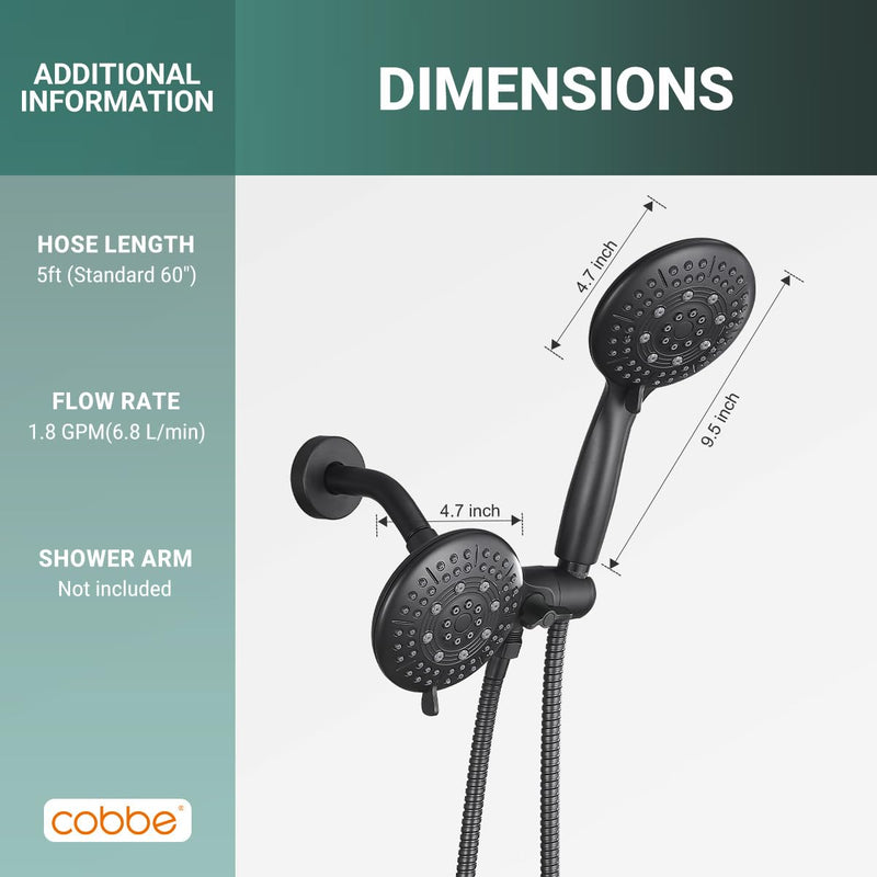 Cobbe Dual Shower Head Combo, 2-in-1 Water Saving System with 59-Inch Stainless Steel Hose, 1.8 GPM Rainfall and Handheld Spray, 3-Way Diverter with Anti-Swivel Lock Nut, Matte Black