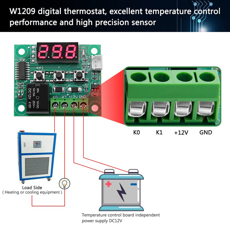 VooGenzek Pack of 2 W1209 Temperature Controller Module with Housing, 12V DC Micro Digital Thermostat -50-110°C Electronic Temperature Temp Control Module Switch, with NTC Sensor Probe (Red & Blue) Temperature Controller with Housing
