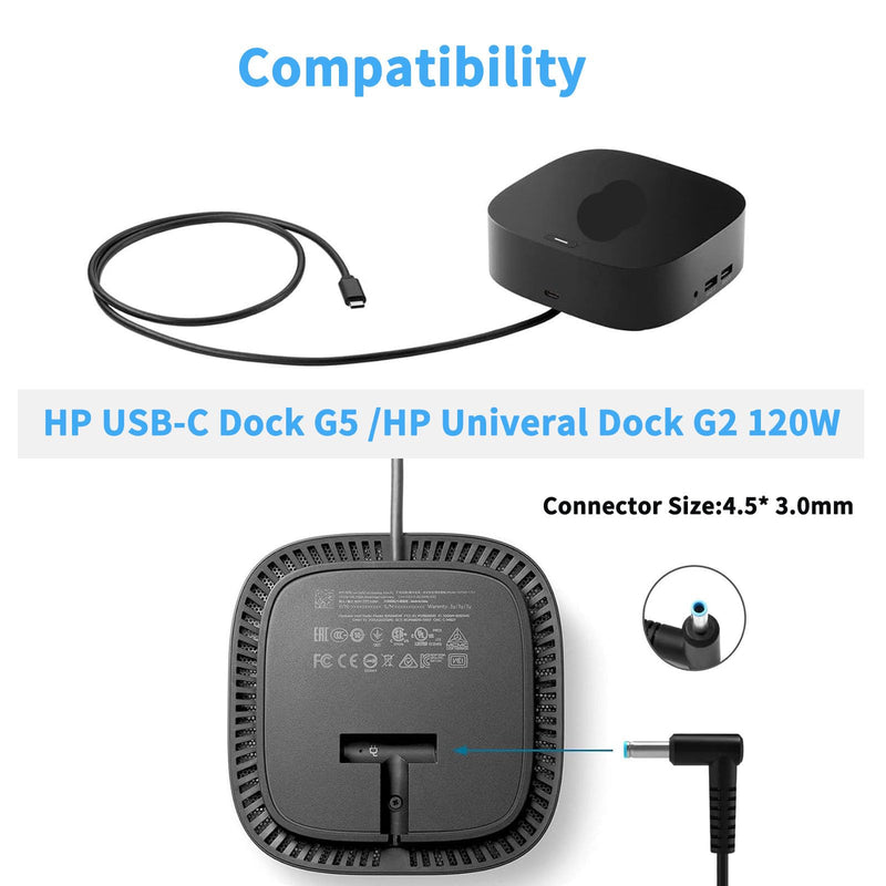 120W 19.5V 6.15A Laptop Charger 710415-001 Fit for HP USB-C Dock G5,HP USB-C/A Universal Dock G2 5TW13AA,Hp Docking Statio Charger,Envy 15 17 Series 732811-002 Adapter Power Supply 4.5*3.0mm Blue Tip