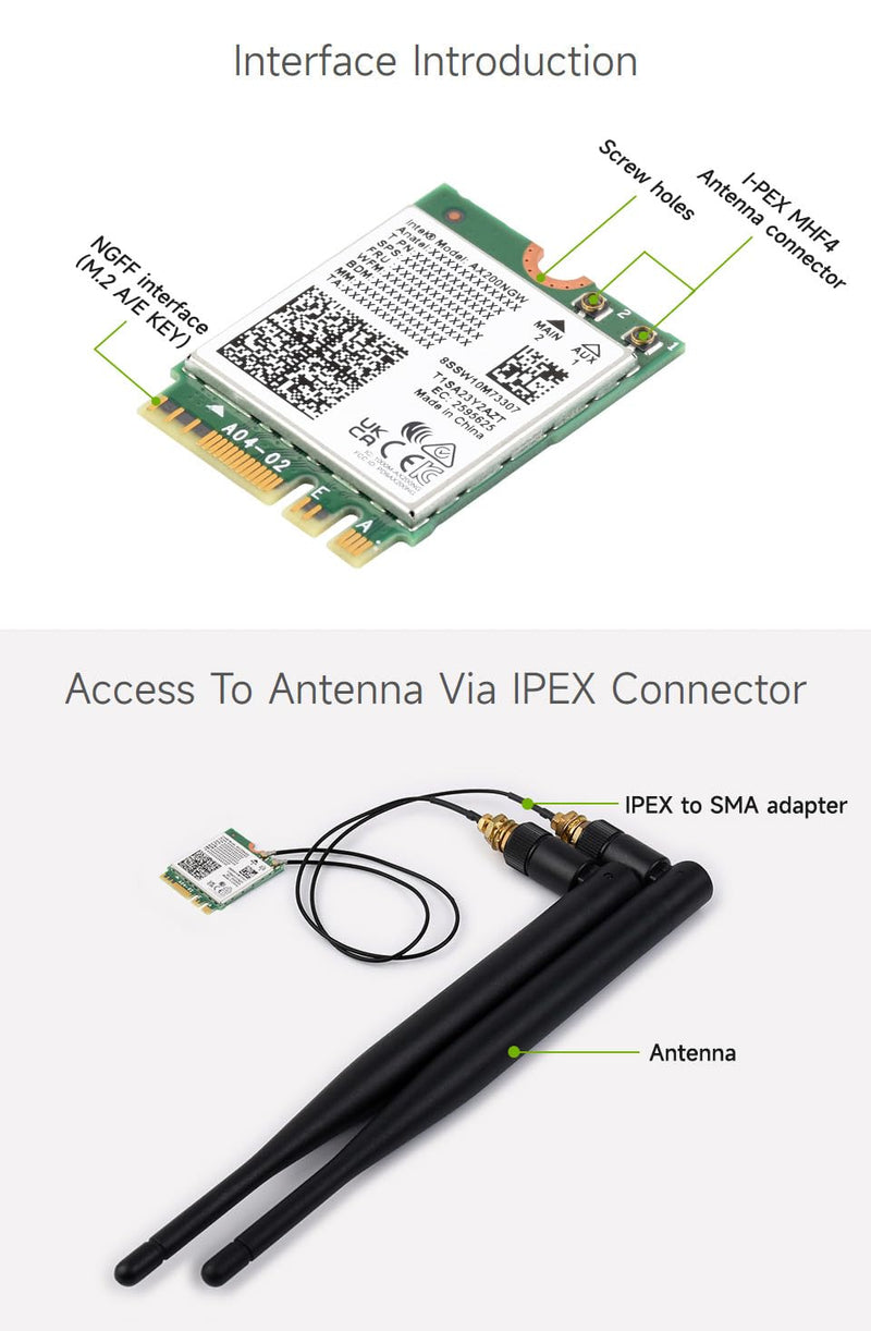 Waveshare Wireless AX210 NIC, Gigabit Tri-Band Wi-Fi 6E, 802.11AX Standard, Bluetooth 5.3, 2.4G/5G/6GHz, NGFF Interface, MU-MIMO, High-Speed Performance & Compatibility