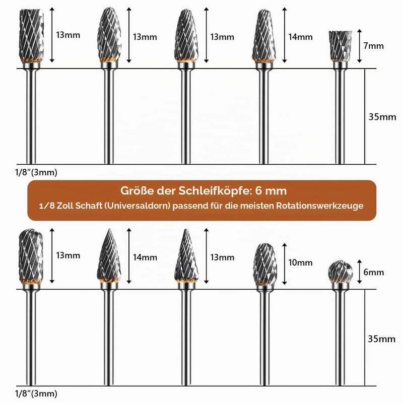 Carbide Burr, Tungsten Carbide Rotary Cutter Set 3 mm Shank 6 mm Grinding Head Carving Cutter for Woodworking Carving Metal Polishing Engraving (Pack of 10)