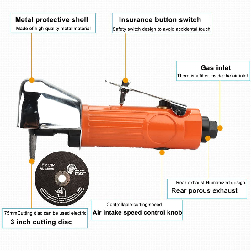 Air Cut Off Tool with 5Pcs 3-inch Die Grinder Cut-Off Wheels, Pneumatic Metal Sheet Cutting Tool, Heavy Duty Air Cutter Cut off Tool Orange Machine Set