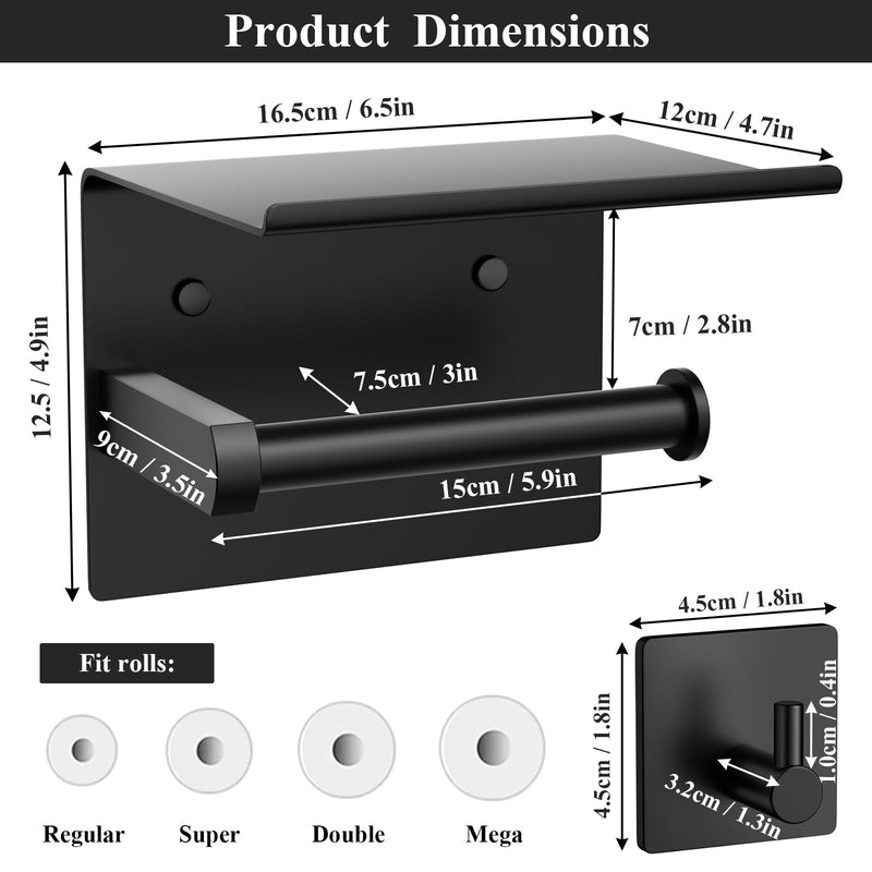 Tindbea Mega Size Toilet Paper Holder with Shelf + Towel Robe Hooks, Adhesive or Screw Wall Mounted Toilet Paper Roll Holder, Stainless Steel Bathroom Hardware Set (Matte Black)… Large Matte Black